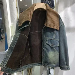 Nuovo cappotto di jeans con collo a Polo a maniche lunghe impiombato con stampa Versatile da donna 2024 autunno femminile giacca allentata con bottoni corti coreani