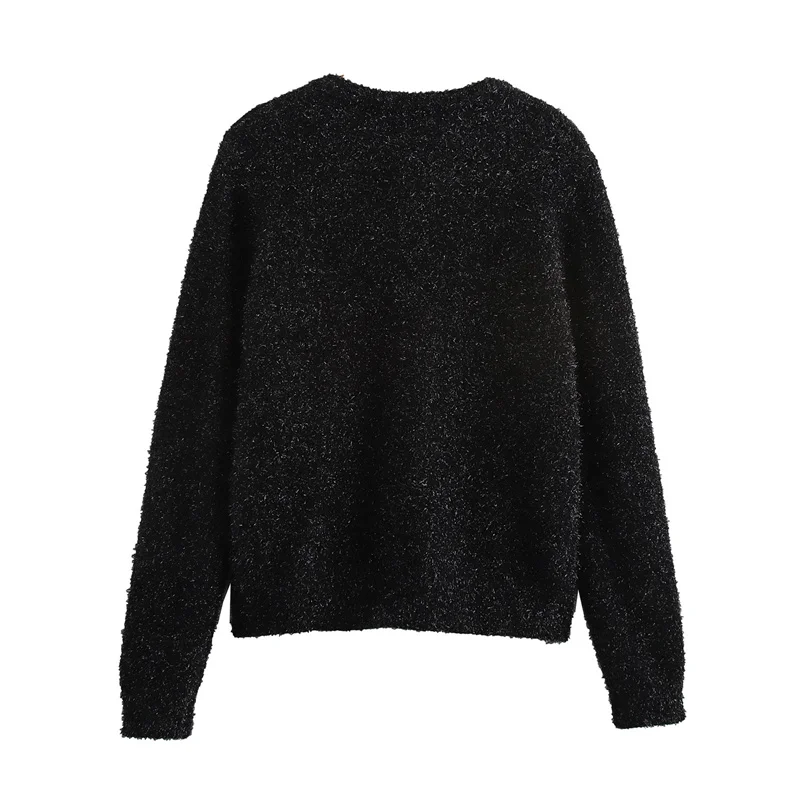 Elegant Black Beading Flower Button Cardigan for Women Autumn Solid Round Neck Long Sleeve Soft Warm Knitwears