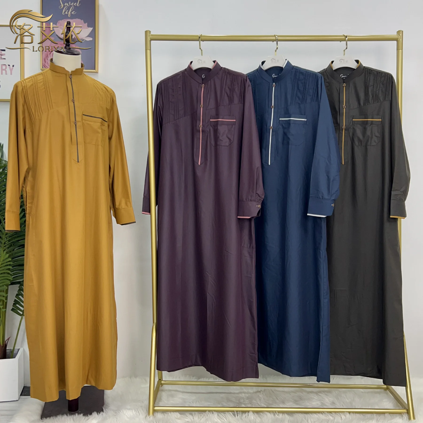 Eid Muslim Men Dress Jubba Thobe Mens Abaya Stand Collar Islamic Eid 2025 Ramadan Long Robe Musulman Caftan Dubai Arab Dresses