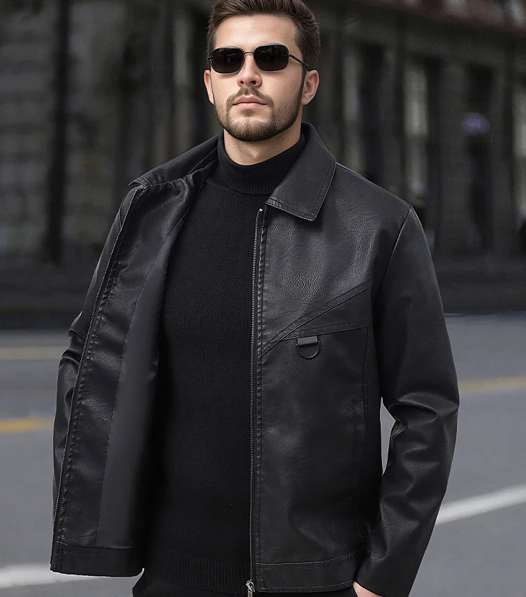 

New Spring Collar Leather Jacket Men's Windproof Casual Jacket Men's Leather Jacket Summer Pocket Pilot Aviator Leather Jacket