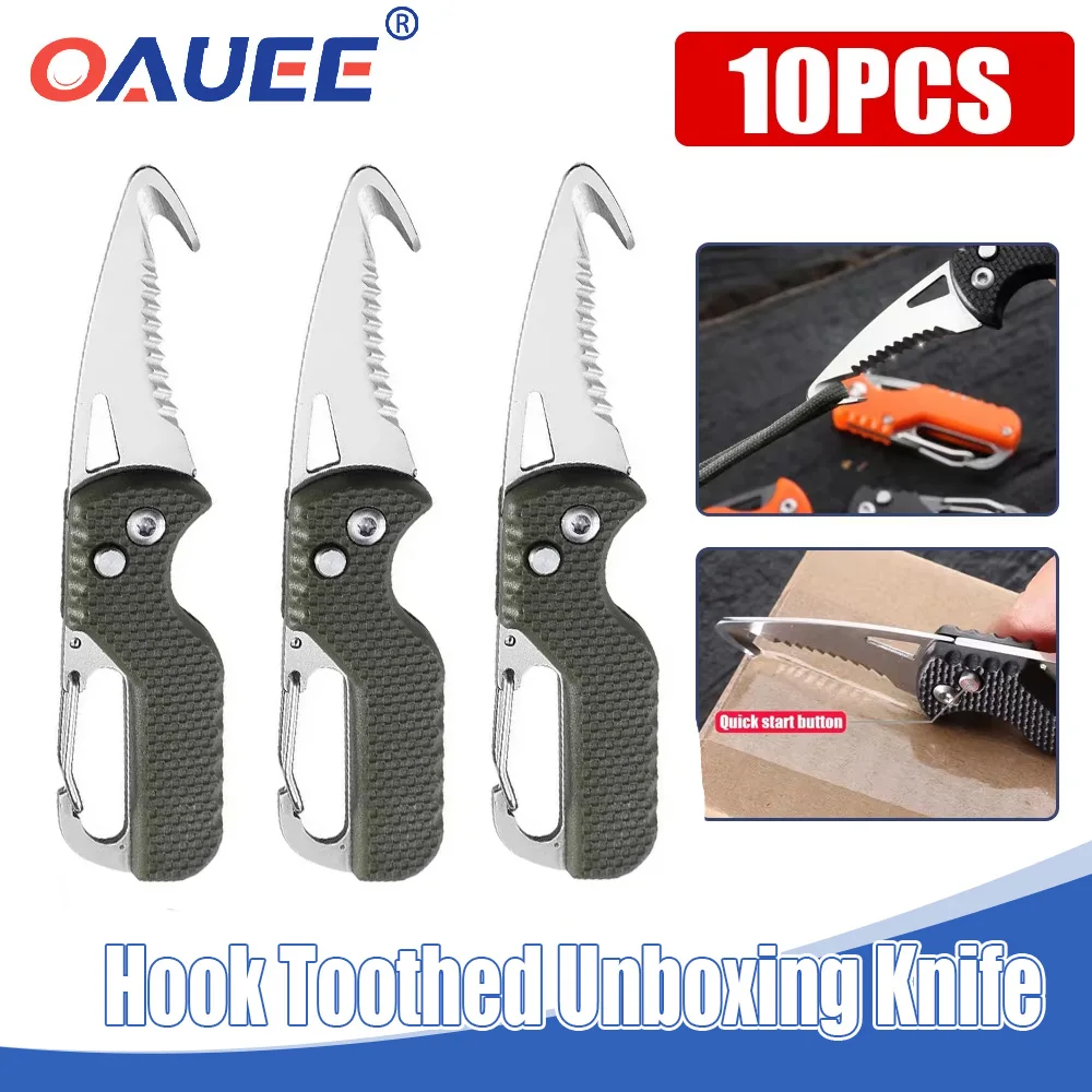 

10pcs Foldable Express Delivery Knife Stainless Fast Hook Knife For Outdoor Camping Carry-on Unpacking Keychain Cutter Silver-GN