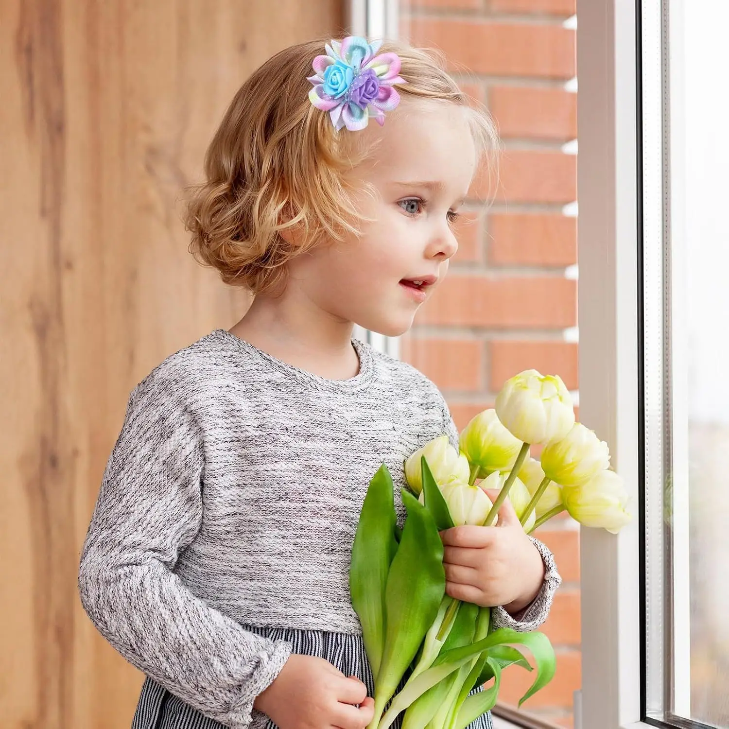 1 Paar Haarspangen mit Farbverlauf für Mädchen, Regenbogen-Blumen, dreidimensionaler Stoff-Haarschmuck, niedliche Seitenklammern, Kinder-Haarspange – Detail 5