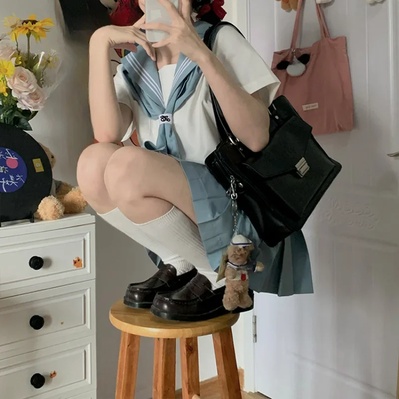 2024 Japanese JK Uniform Sailor Outfits Casual Style Blue Long Short Sleeves Top Pleated Skirt Basic Versatile Suit For Female