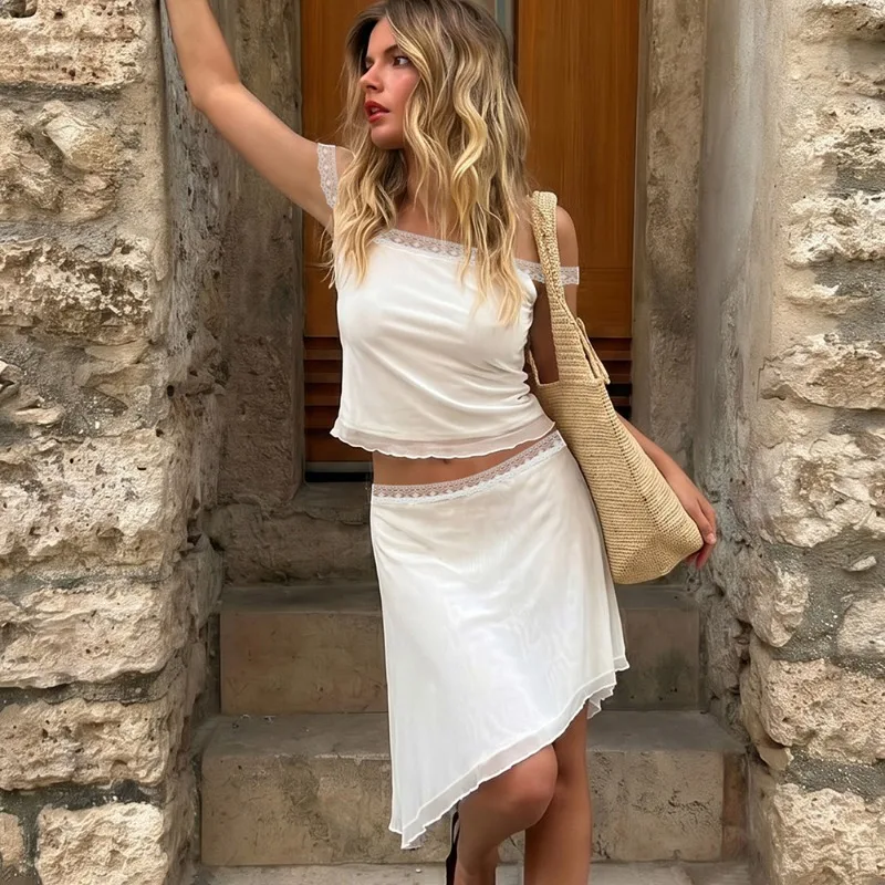 

Tuularose White Skirt 2 Piece Set Sexy Mesh Camisole Top Casual Maxi Skirt Set Summer Elegant Party Commuting Women's Dress Sets