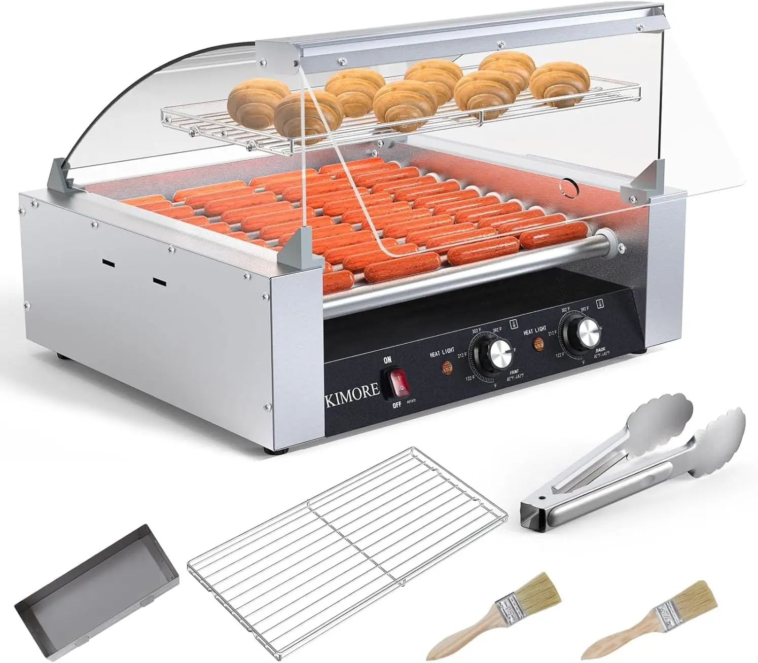 Hot Dog Roller, 30 Hot Dogs 11 Rollers Grill Cooker Machine With Removable Stainless Steel Drip Tray Stainless Steel With