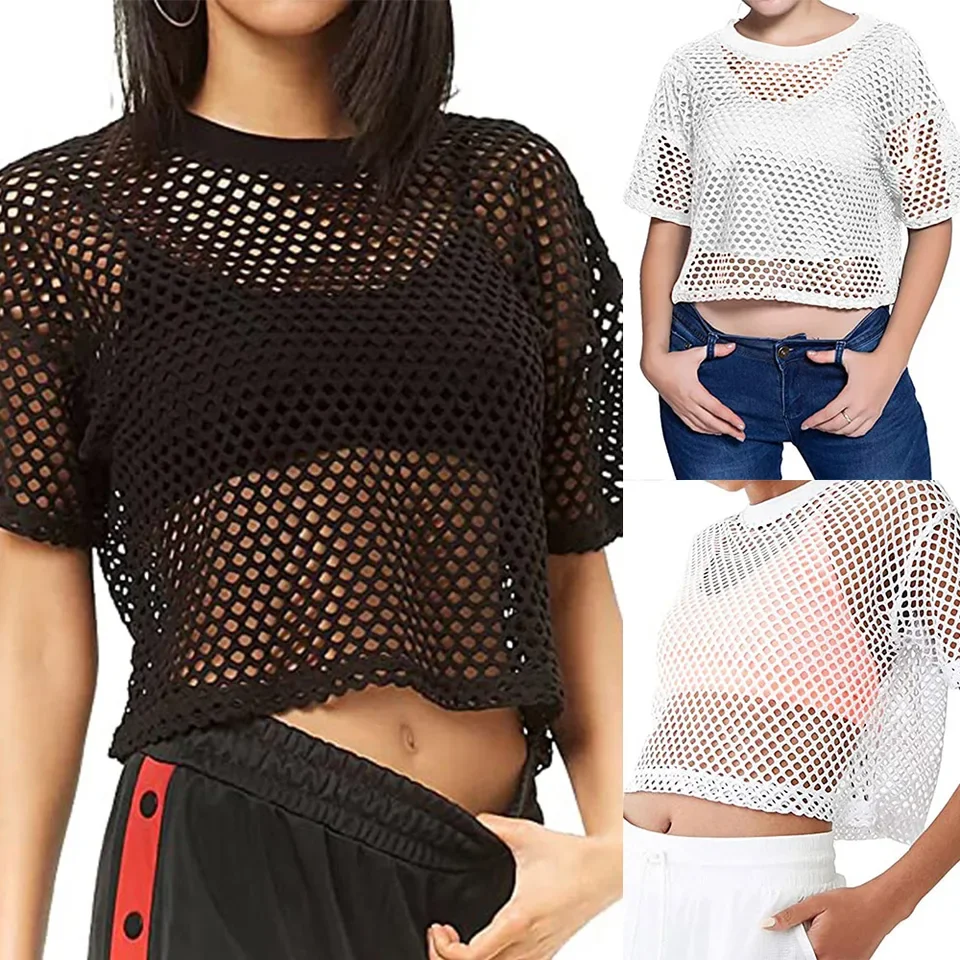 

Womens Sexy Fishnet Mesh Hollow Out Tank Crop Tops Casual See -Through T-Shirt Blouse Summer Solid Female T-shirt ﻿