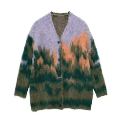 Landscape Paint Tie Dyed Women's Cardigan Sweater Fashion V-neck Single Breasted Female Sweaters 2024 Autumn Chic Lady Outwear