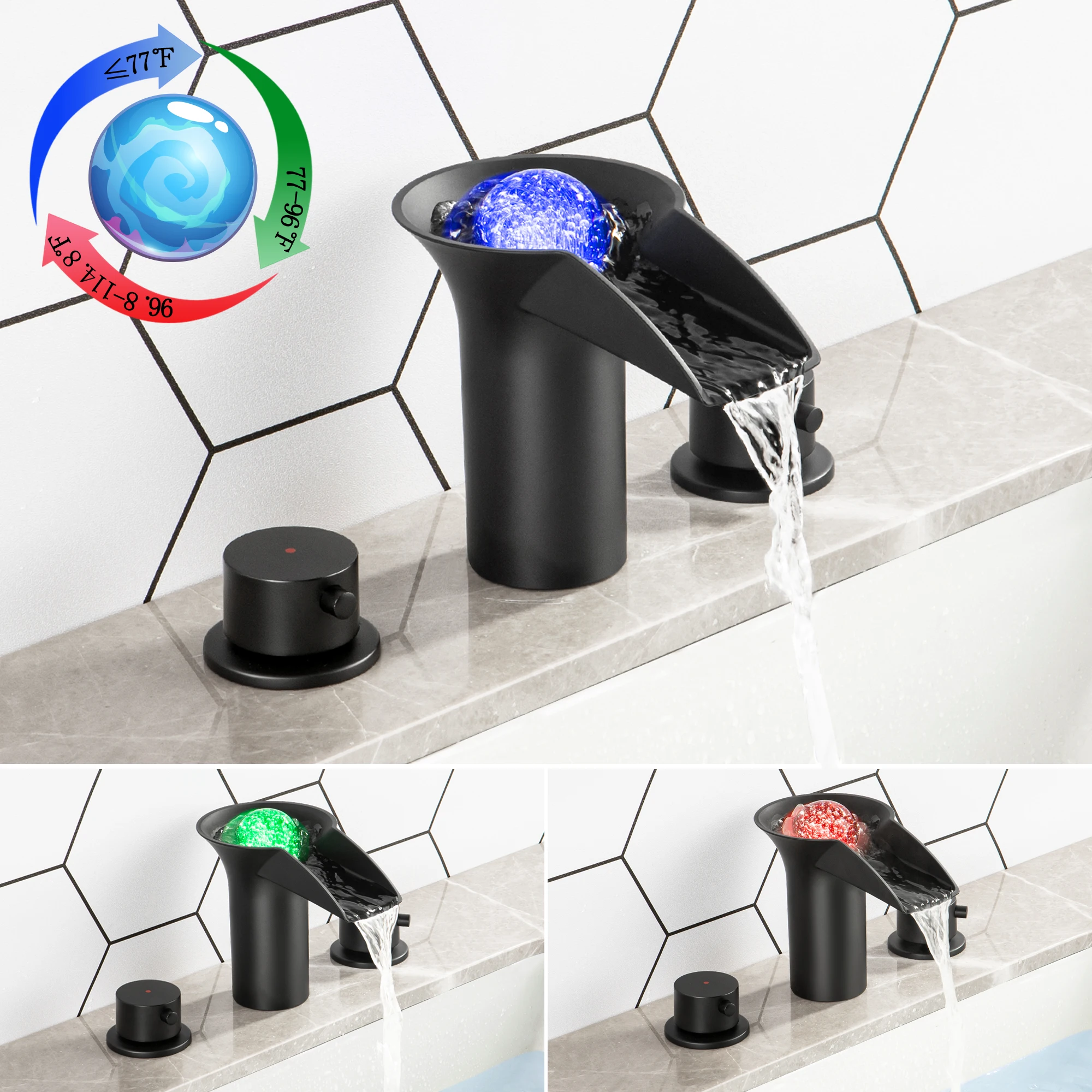 

SKOWLL 8 Inch Widespread Bathroom Faucet 3 Hole LED Waterfall Vanity Sink Faucet Color Changing Water Faucet, Matte Black