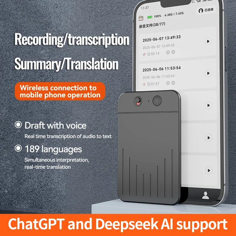 AI بالطاقة ChatGPT-4 App المكالمات الهاتفية مسجل صوتي Espia 8GB-128GB ترجمة Summarize اللغة جهاز الصوت الإملاء الصوتي