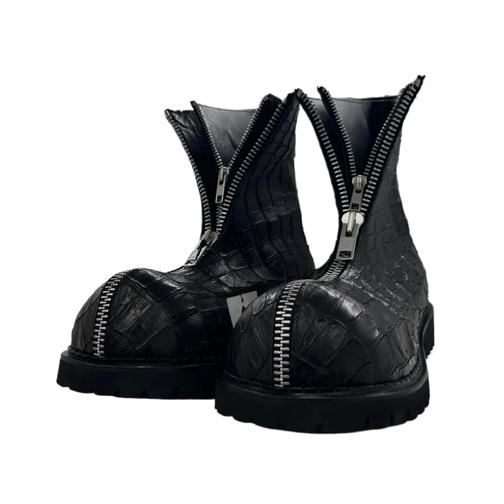 Fashion Men‘s Genuine Leather Motorcycle Boots Women High Top Leather Shoes Mid-calf Crocodile pattern Western Boots Zipper