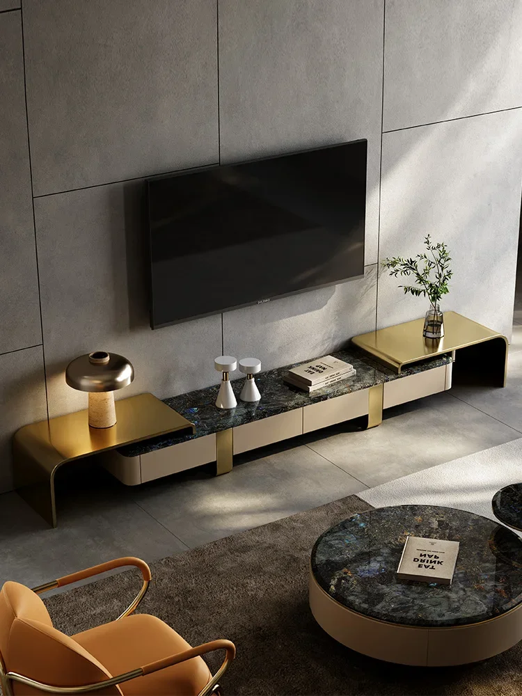 Light Luxury Natural Marble Retractable TV Cabinet Living Room High-End Coffee Table Floor Cabinet Combination