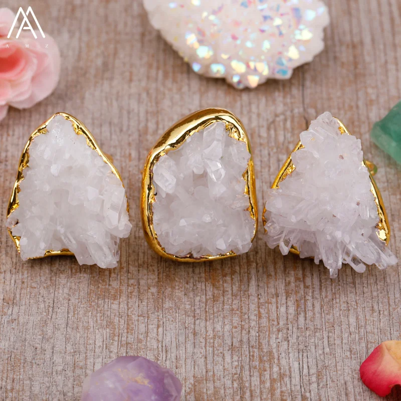 Healing Crystals Point Gold Rings For Women Exquisite White Quartz Open Finger Ring Party Wedding Birthday Ring Jewelry Gift