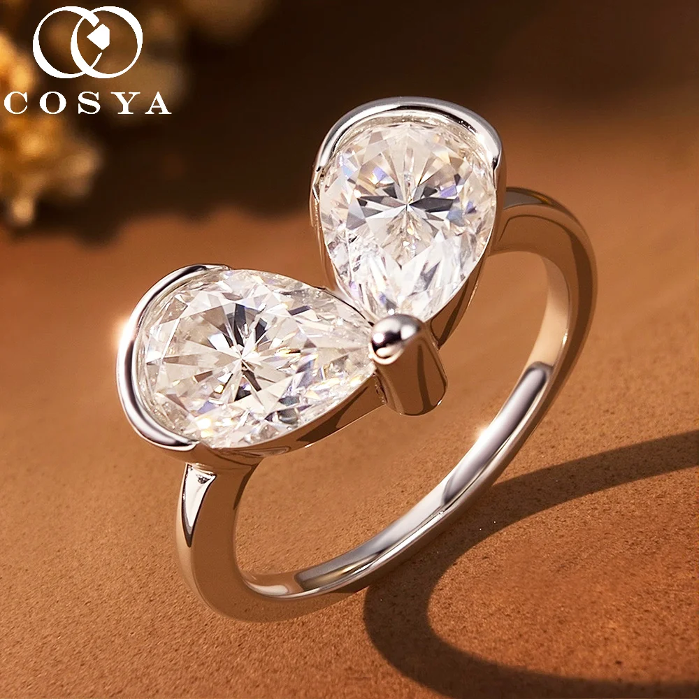 COSYA 3cttw Pear Cut Moissanite Rings For Women S925 Silver Double Waterdrop Diamond D Color Certified Wedding Fine Jewelry Gift