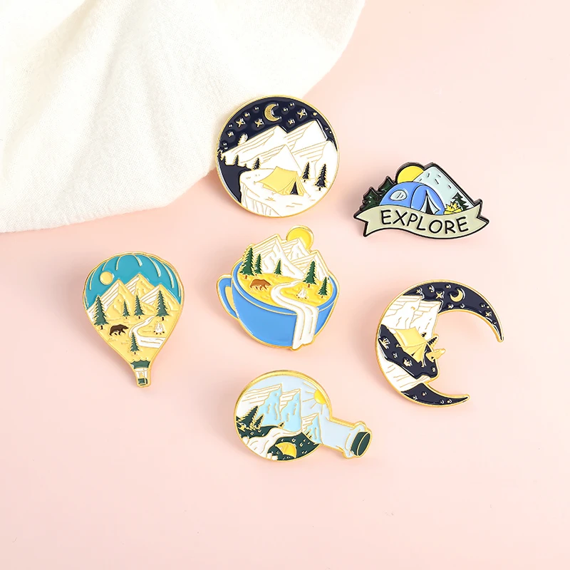 Camping Adventure Enamel Pins Custom Outdoors Explore Natural Scenery Brooch Lapel Badge Bag Cartoon Jewelry Gift for Kid Friend