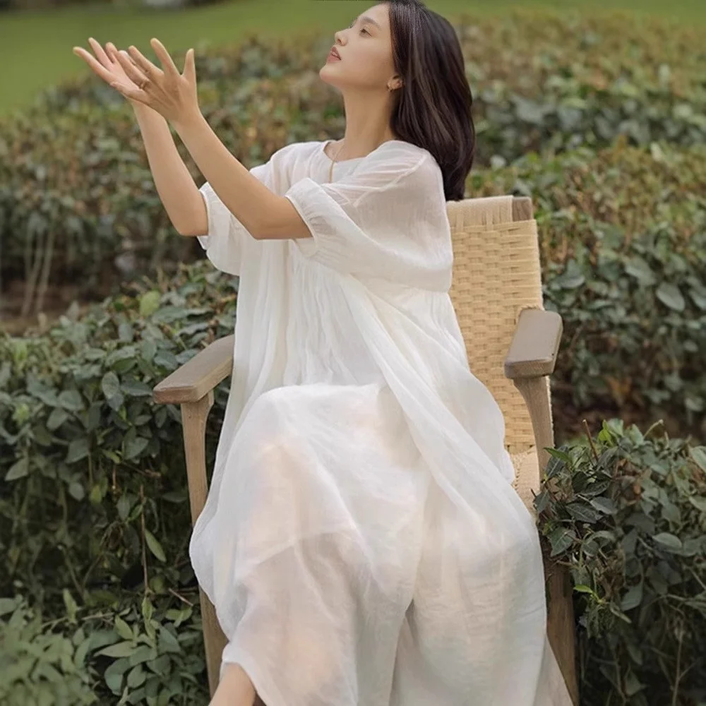 High-end clássico artístico algodão linho feminino primavera verão dupla camada gaze textura torcida Dr cintura solta saia evasê...