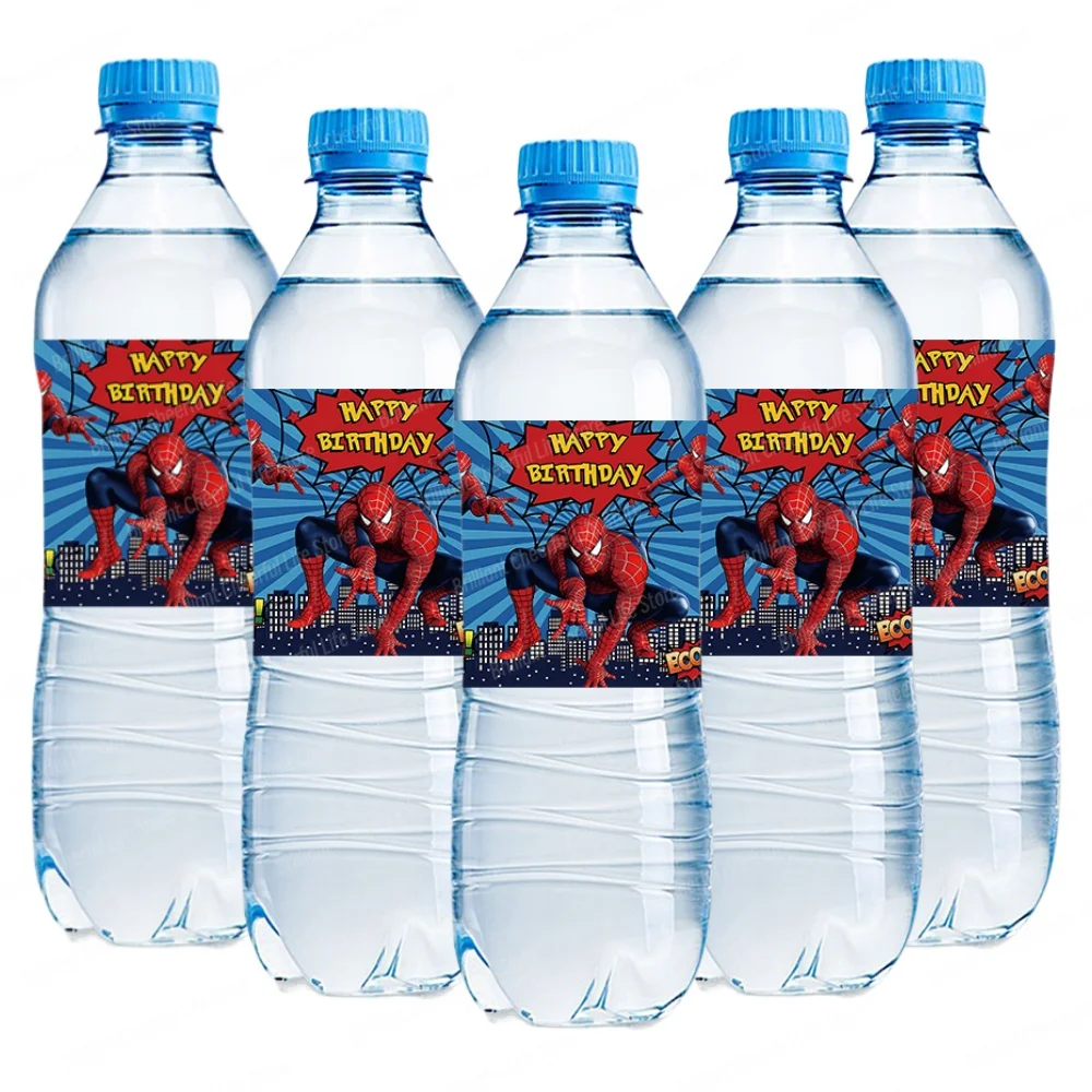 10/20/30 pezzi Spiderman etichetta bottiglia d'acqua decorazione di compleanno forniture per feste adesivi supereroi impermeabili per ragazzi baby shower