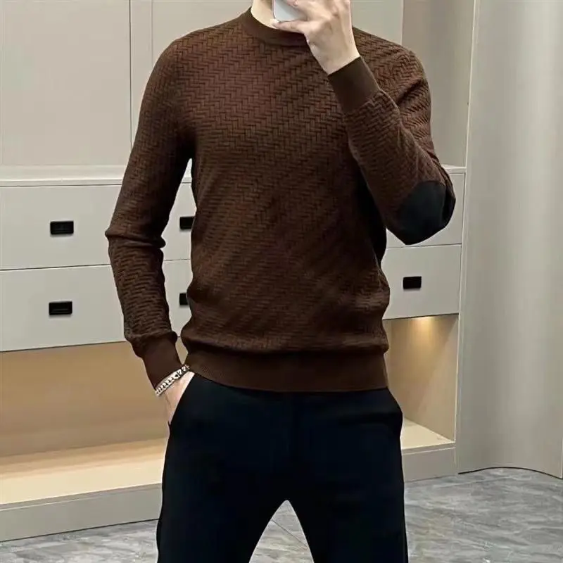 

Осень-зима, новые свитера, мужские однотонные свитера с круглым вырезом, жаккардового плетения, тонкие пуловеры с длинными рукавами, вязаные топы JJ267