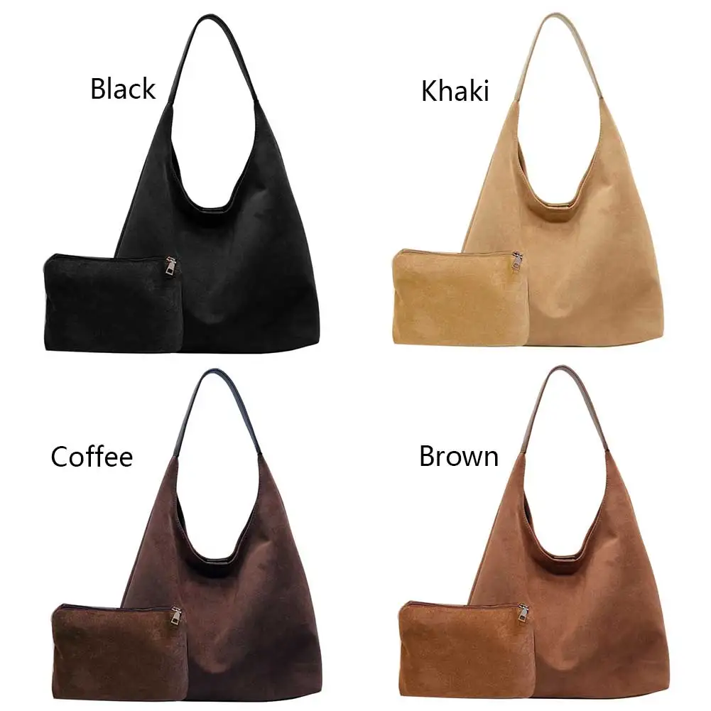 Autumn and Winter Vintage Women Bag Large Capacity Suede Shoulder Bag Casual Commuter Bag Retro Handbags with Pocket Hobo Bag