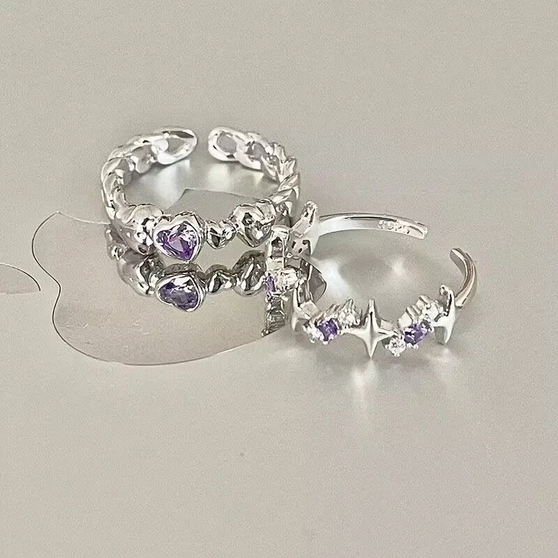 Y2K Purple Star Heart Ring Set Adjustable Silver Cz Ring Sparkling Starry Love Band for Women Girls Trendy K-Pop Jewelry Gift