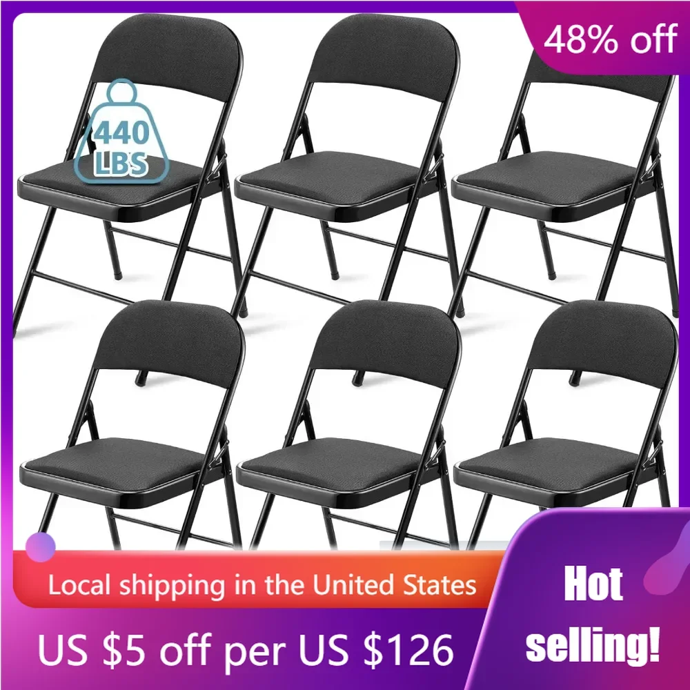 

6 Pack Folding Chairs with Metal Frame and Fabric Upholstered, Portable Bulk Stackable Non Slip Folding Chairs for Office(Black)