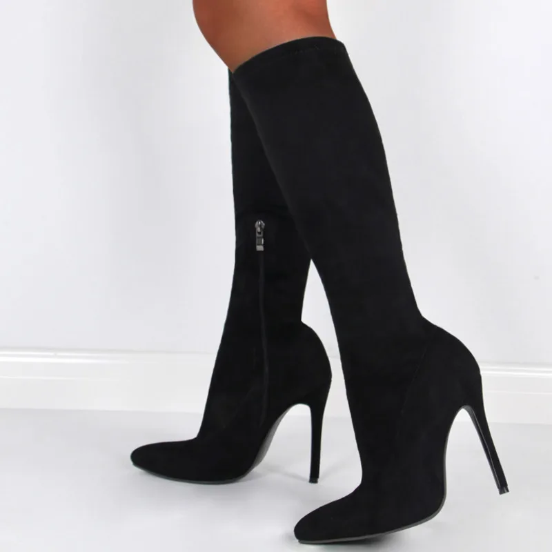 Women Boots Black Sexy High Heels Shoes Women\'s Knee High Boots Big Size Pointed Toe Side Zip Boots