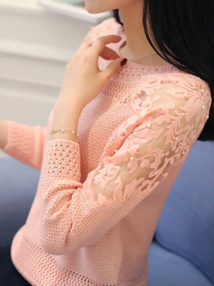 

Новый кружевной вязаный длинный светящийся свободный женский свитер, модный весенне-осенний универсальный женский трикотаж на голову Base irt