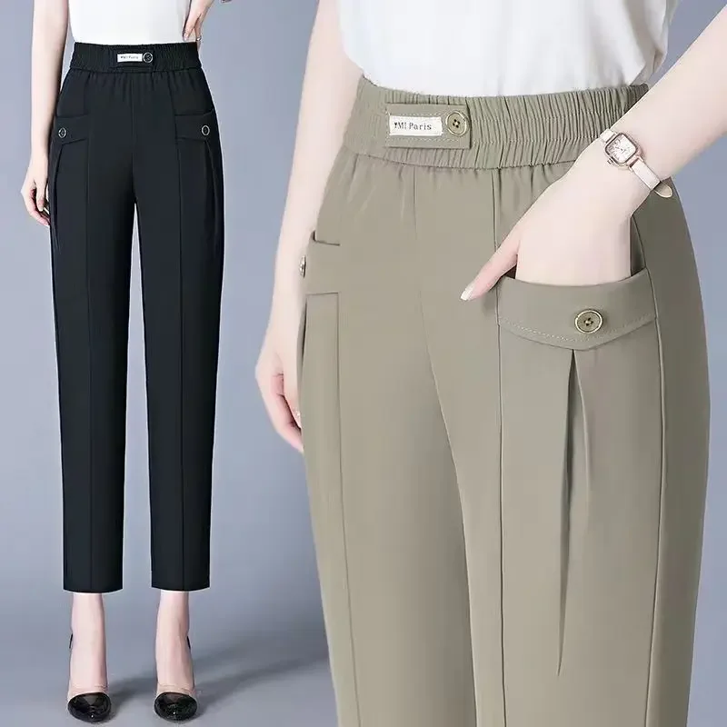 

Office Lady Fashion Harlen Pants Spring Summer New Women Elastic High Waist Solid Pockets Slim Casual Straight Trousers B21