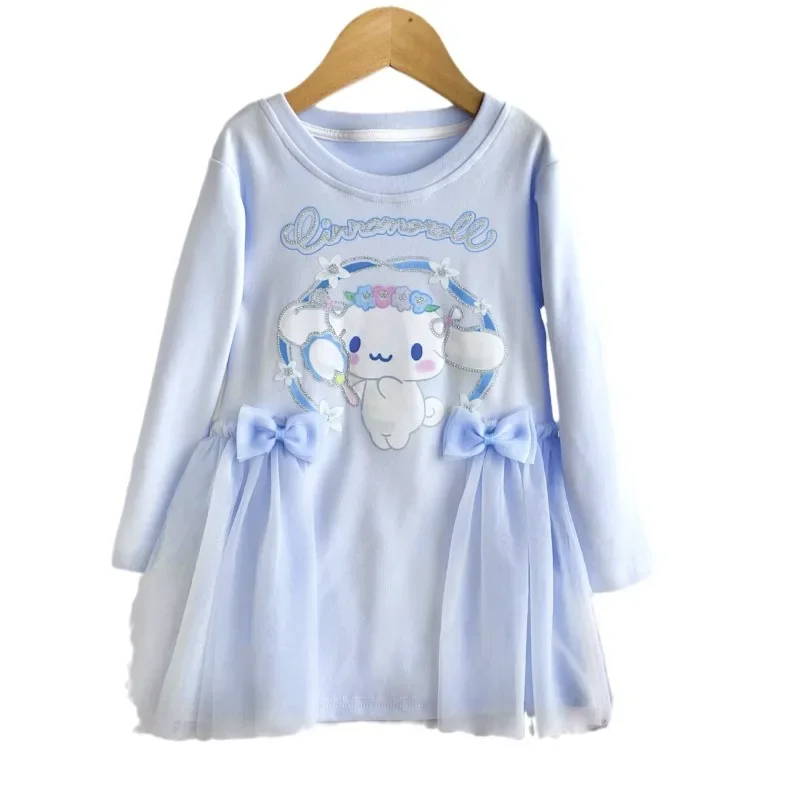 Sweet Cinnamoroll Kuromi Anime Kawaii Sanrio Ins dzieci z długim rękawem sukienki z kapturem śliczne moja melodia spódnica z siateczki odzież prezenty