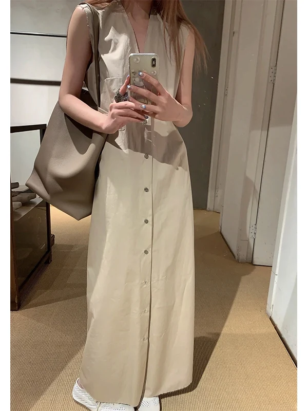

Tokyo Design Spring Summer Slimming Versatile Simple V-Neck Single Button Long Sleeveless Vest Dress Elegant Fashionable