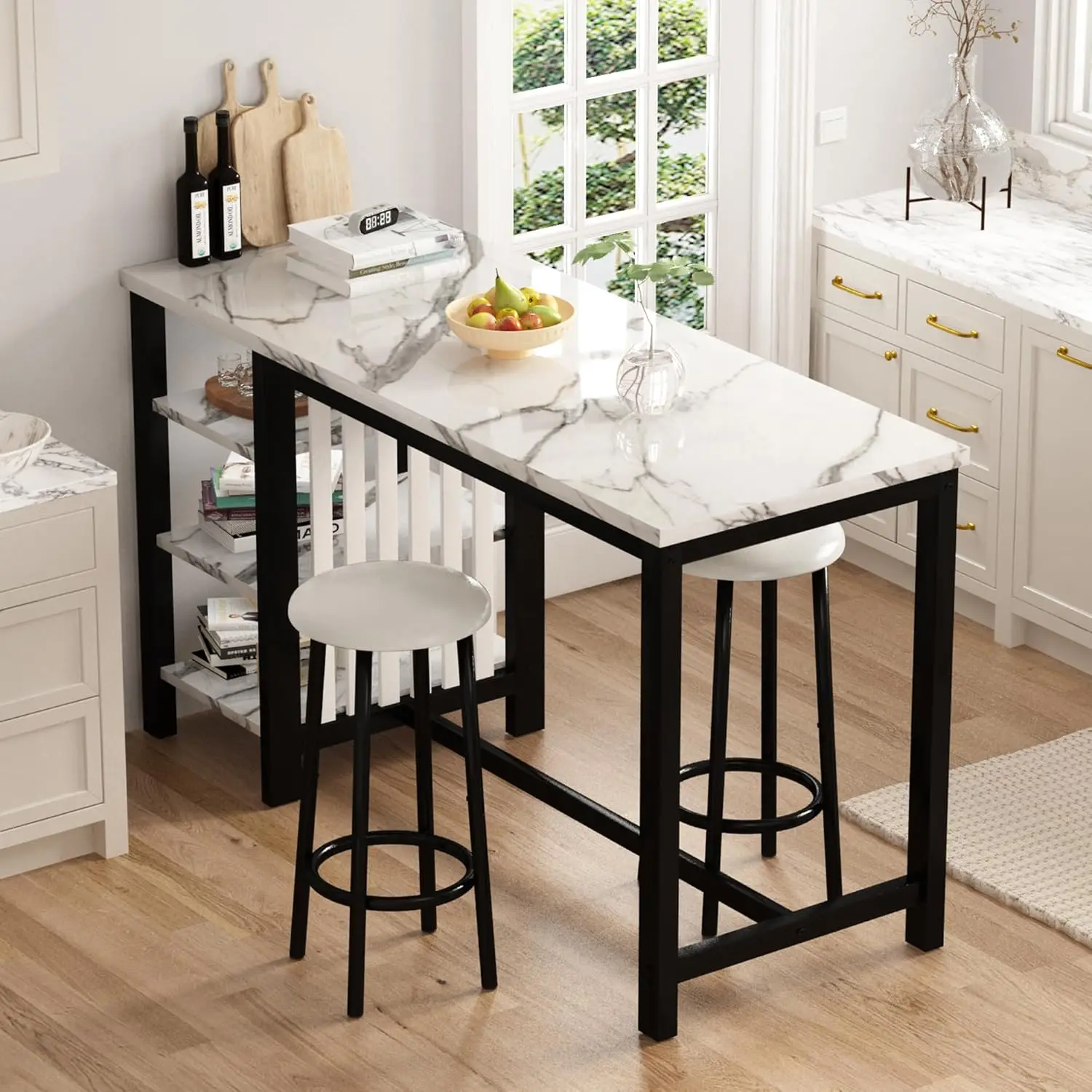 AWQM-Home Bar Mesa Set, Faux Marble Jantar Set com Prateleiras De Armazenamento, estofados Couro Bar Altura Banquetas, Branco, 47"