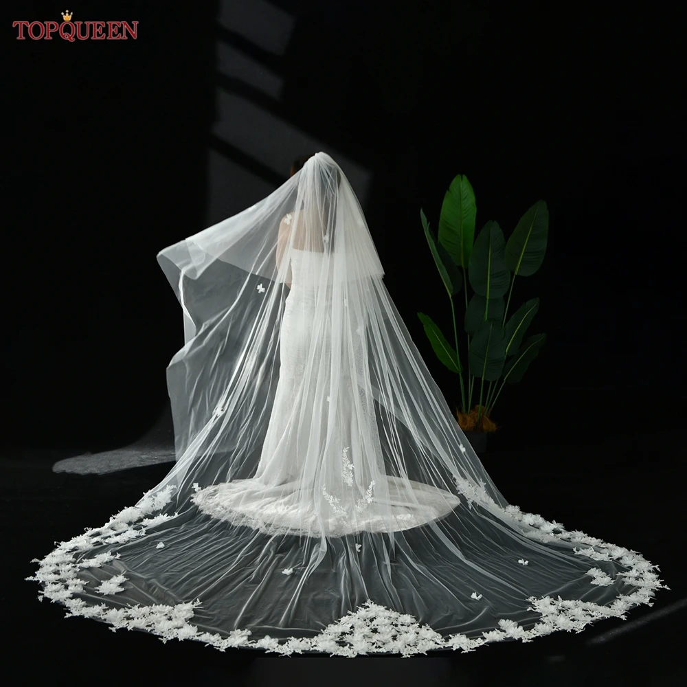 TOPCLS-Voile de Patients EEN V150, Voile de Mariage à Fleurs 3D, Longueur Cathédrale, Dentelle Appliquée, Blanc, Ivoire, Long, Personnalisé