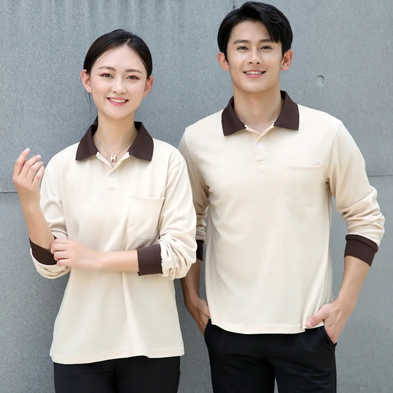 

Униформа для уборщиков отелей с отложным воротником и длинными рукавами из хлопка. Рубашки для мужчин в ресторанах, милитари-стиль.