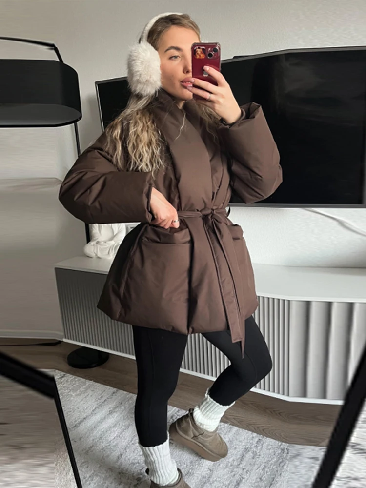 

2025 Women's Lace Up Winter Coats Pockets Long Sleeve V-neck Thick Warm Brown Black Cotton Jacket Fashion Lady New Outwear