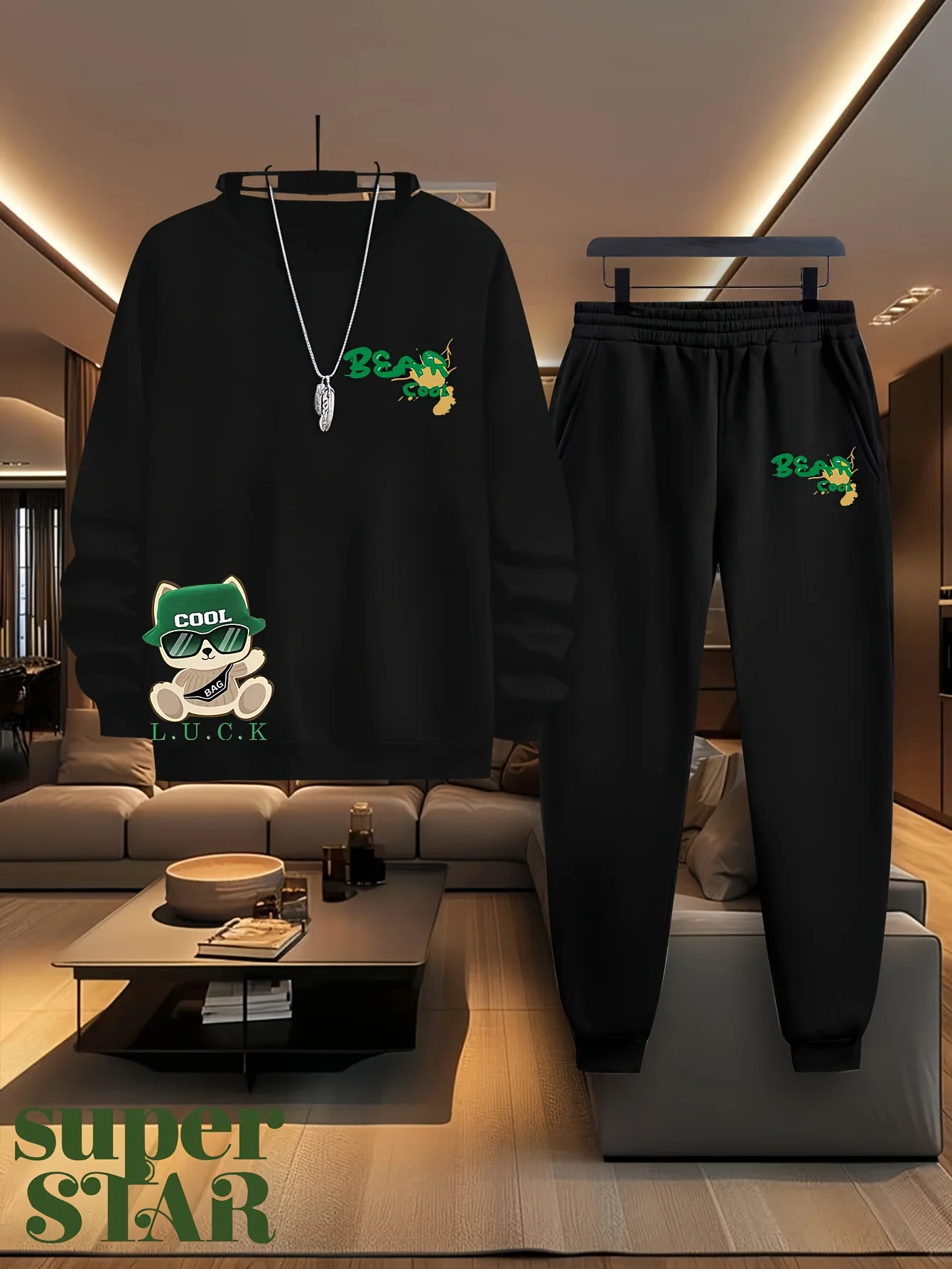 2026 Autumn New Men's Long-Sleeved Pants Set for Street Casual Fashion Soft and Comfortable 3D Bear Pattern Print view 3