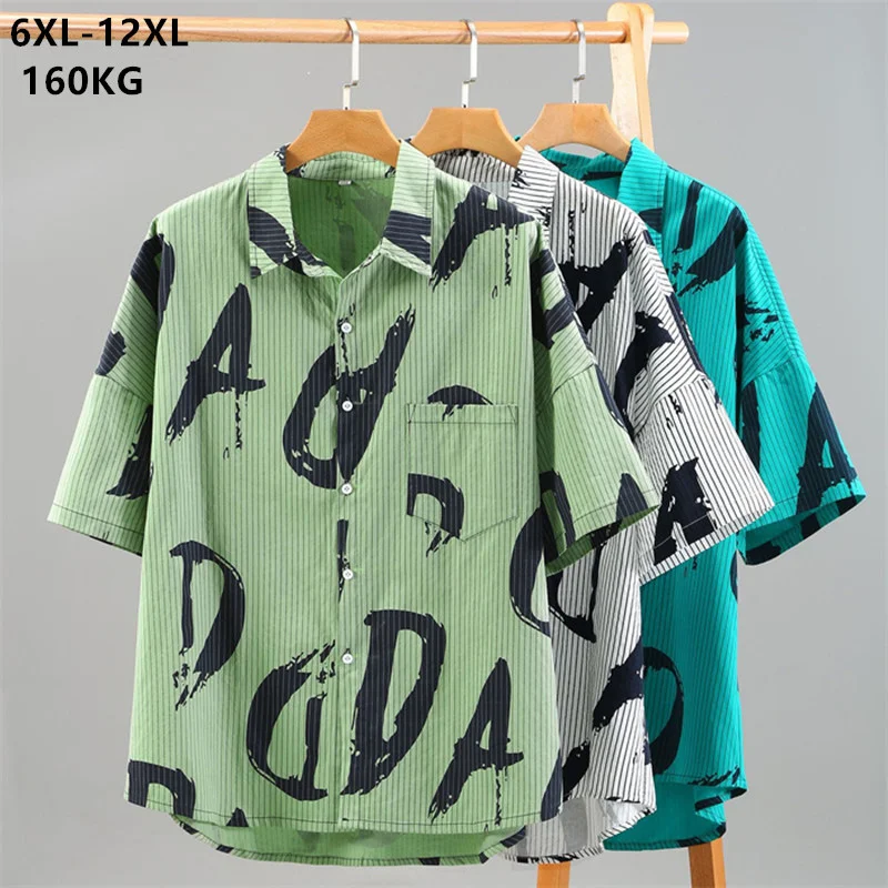 Pattern Overlarge Cotton 12XL 11XL Men Shirts Casual Stripe High Quality Loose Plus Size 10XL 9XL Short Sleeve Male Beach Blouse