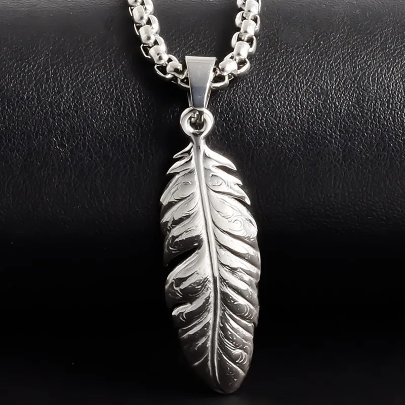 

50/60/70cm Long Chains Hombre Jewelry Feather Leaf Pendant Necklace Stainless Steel Necklaces For Women Men Vintage Accessories