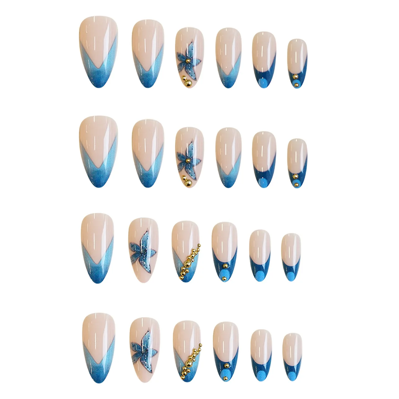 Nude fake nails with pink blue flowers print metal beads rhinestones design Almond shape nail tips press on false nail art view 2
