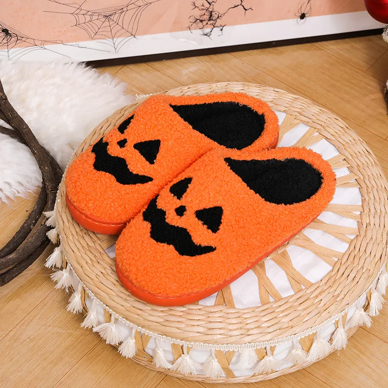 Halloween Pumpkin Pattern Slippers Casual Slip On Plush Lined Slippers Comfortable Indoor Home Shoes