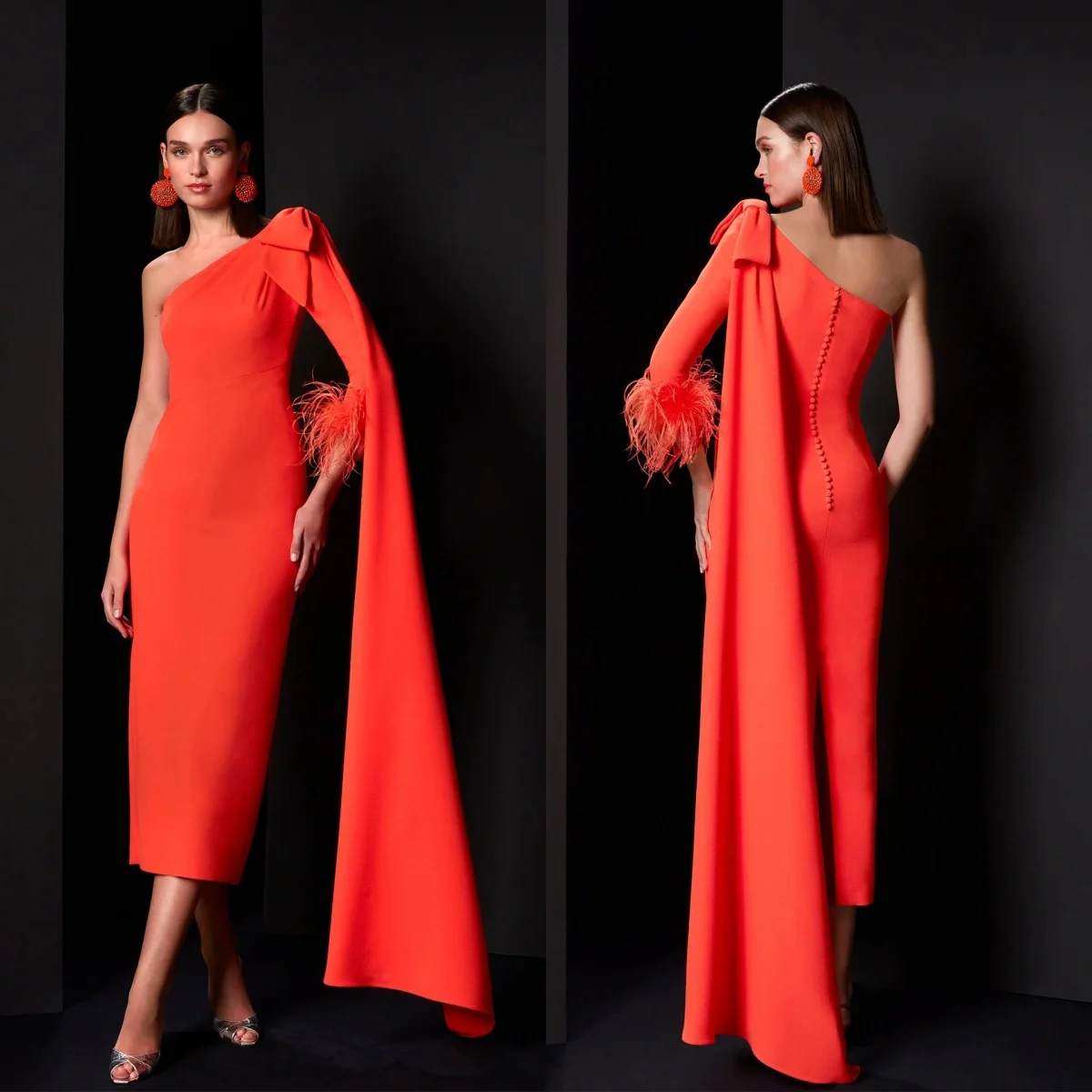 

Orange Mermaid Cocktail Dresses One Shoulder Luxury Feathers Evening Gowns with Shawls Sexy Customized Mother of Bride Dressses