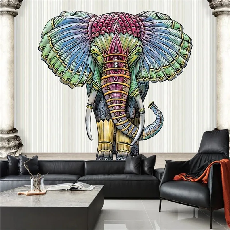 

Southeast Asia Painted Elephant Roman Column Wall Paper 3D Restaurant Living Room Decor Mural Wallpaper Papel De Parede 3d