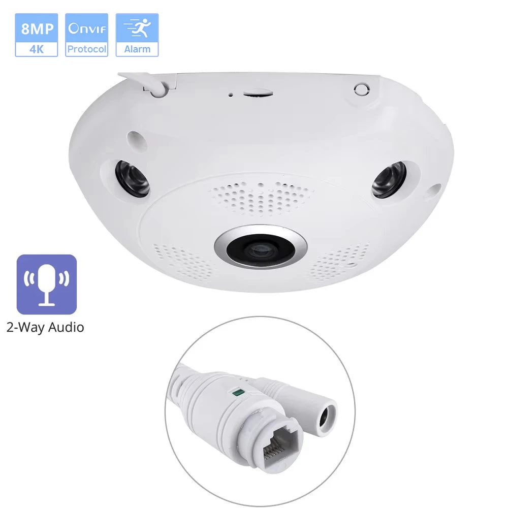 

8MP Wired IP POE CCTV Camera Indoor 180 Degree Wide Angle Two Way Audio Dome Video Surveillance Home Security Camera 20M IR