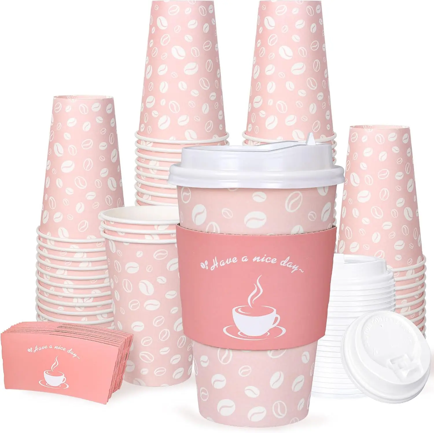 

100 Pack Disposable Coffee Cups with Lids and Sleeves 16oz Pink Thickened Leak-Proof Paper Cups To Go Coffee Cups for Ho