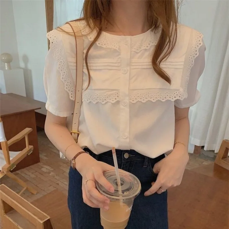 Chic Patchwork Lace Fashion Blouses Women\'s Summer 2024 New Solid Color Round Neck Single-breasted Short Sleeve Loose Shirt Tops