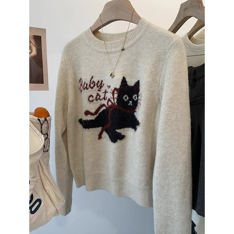 Cartoon Mohair Sweater Men Women Loose Knitted Jumpers Autumn Streetwear Harajuku Cartoon Funny Cat Pattern Pullovers Couple