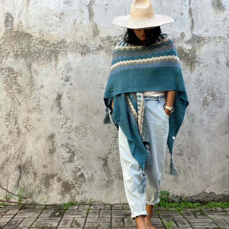 Chic Women Poncho Zigzag Striped Knitting Shawl With Tassels Colorful Peru Latino Coats Loose Sweaters Vintage Cloak Boho Cape