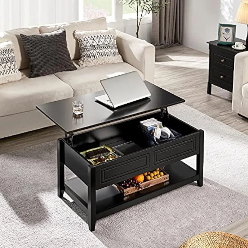 Lift Top Coffee Table with Hidden Compartment and Open Storage Shelf, Retro Center Coffee Table, Rising Tabletop Center Table