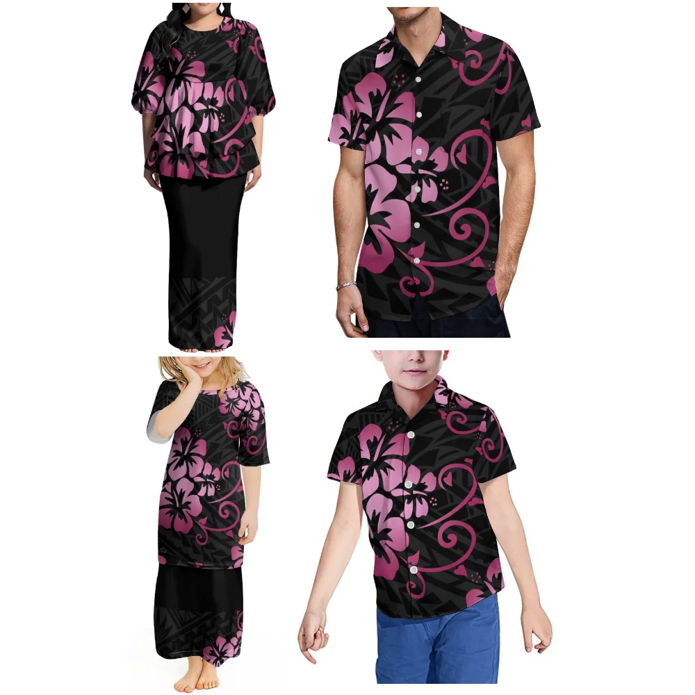 High Quality Custom Family Outfit Round Neck Bubble Sleeve Double Hem Puletasi Women Suit Skirt Polynesia Men Casual Shirt