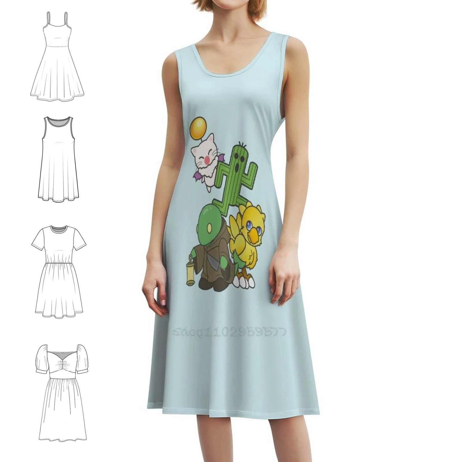 

Team Final Fantasy Women's Streetwear Party Dress Trendy Print Club Clothing For Female Final Fantasy Moogle Chocobo Tonberry