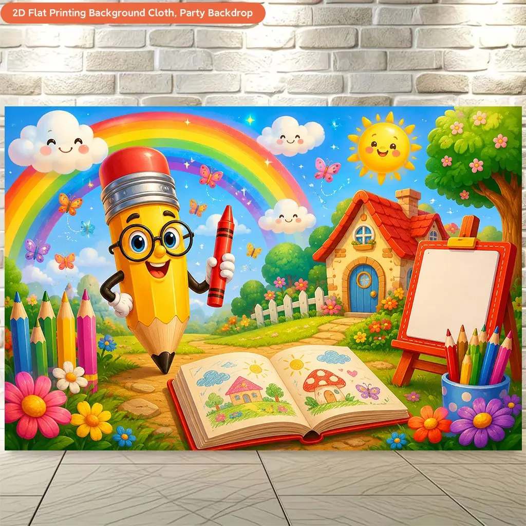 Cute Pencil Character Tapestry, Rainbow Kids Room Decor, Back to School Art Wall Hanging, Cartoon Study Nursery Cloth, Colorful
