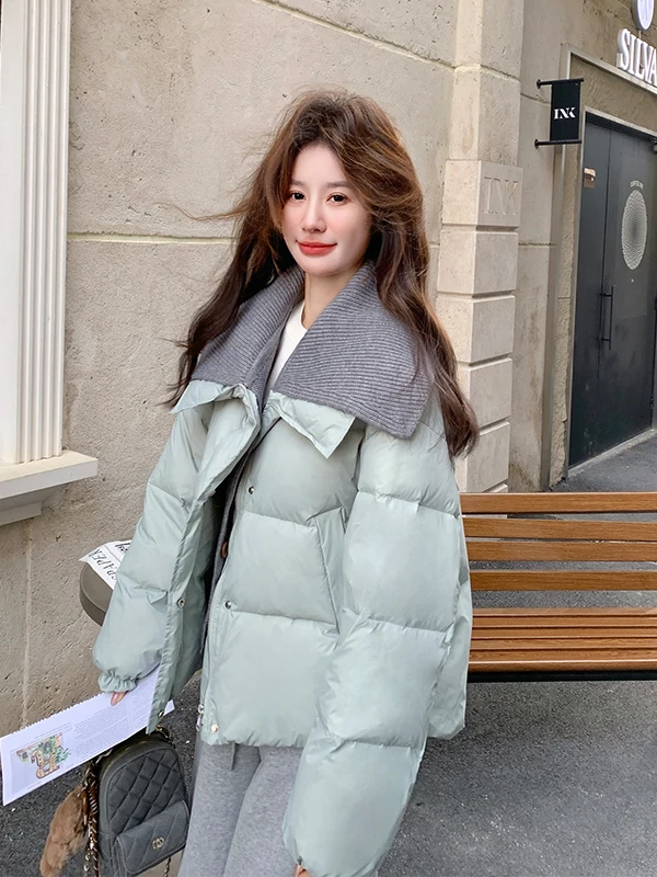 니트 여성용 패딩 재킷 브레드 슬레 겨울 따뜻한 아우터웨어 패션 디자인 캐주얼 루즈핏 화이트 다운 필